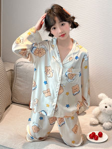 Princess Style Long Sleeve Sleepwear for Girls Ice Silk Simulation Cartoon Print Home Clothes Spring Autumn Kids Fashion