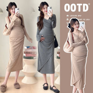 Maternity Spring and Autumn New Arrival Long Sleeves All-Matching Slim Fit Elegant Knitting Elastic Ruched Stylish Mid-Length Dress