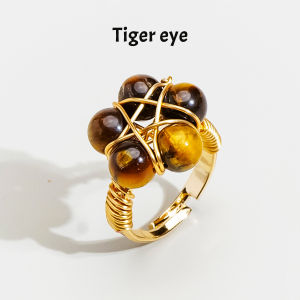 1pc Natural Crystal Five-Pointed Star Round Bead Ring Hand-Wrapped Wire Adjustable Open Ring Accessory For Festive Gifts.