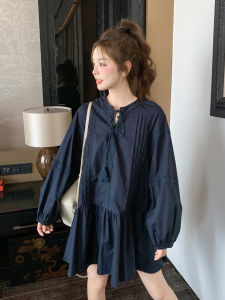 Soft Style Blue Dress Womens Fashion Casual Loose Waist Long Sleeve A-Line Skirt Sweet Atmosphere Sensation Age-Defying Trendy