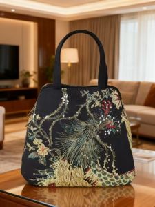 กระเป๋าถือผ้าแคนวาสปักลายพีกนกสไตล์วินเทจ กระเป๋าถือผู้หญิง กระเป๋าสะพายไหล่แบบลำลอง กระเป๋าใส่โทรศัพท์มือถือ