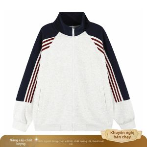 OUMULONG | Áo Hoodie Đôi Phong Cách Học Đường Retro Mỹ Màu Block Áo Khoác Cổ Đứng Trung Tính