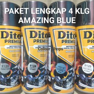 Pilok Cat Diton Premium Paket Lengkap 4 Kaleng Amazing Blue Biru 9218 Primer Grey 9120 Silver 9124 Clear Gloss 9128 400cc Pilox Paketan Cat Semprot Special Spray Paint