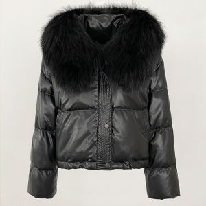 Áo Khoác Phao Ngắn Nữ Cổ Lông Chồn Tự Nhiên Lông Vũ Trắng Giữ Ấm Kiểu Dáng Thường Ngày Mùa Đông 2024