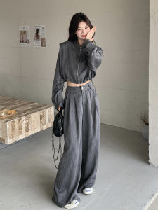 Gray Korean Style Fashionable High Waist Wide Leg Pants Jacket Set Womens Autumn New Arrival Two Piece Suit Casual Wear