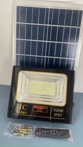 Đèn pha năng lượng mặt trời cao cấp100W thương hiệu  HC SOLAR vỏ nhôm tấm pin rời ánh sáng trắng báo pin ngoài