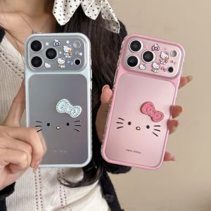 Sanrio | Cute Blue Pink Laser Bow Sanrio Big Face Hello Kitty Silicone Phone Case For iphone 17 16 15 ProMax Shockproof Bumper Soft Cover