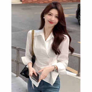 เสื้อเชิ้ตผ้าชีฟองทรงสลิมฟิตสไตล์เกาหลีสำหรับผู้หญิงในฤดูใบไม้ร่วงปี 2024 เสื้อเชิ้ตแขนยาวคอโปโลสีพื้นแบบมีกระดุมหลายตัว