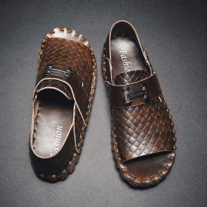 Genuine Leather Sandals Mens Summer Breathable Woven Beach Shoes Driving Casual Slip-On Flat Rubber Sole Comfortable Sandals
