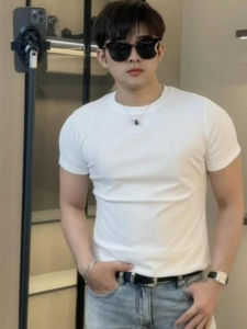 Elastic Short Sleeve Mens T-shirt Small Collar Slim Fit Summer Fashion Top Half Sleeve T-shirt Base Layer Youth Trendy Style