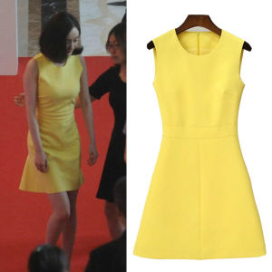 ชุดเดรสยาวสีเหลืองแขนกุดสไตล์นักแสดงฮอลลีวูด ชุดราตรียาวปานกลาง ทรงเอ ผ้าโพลีเอสเตอร์ กระโปรงทรงเอ ชุดราตรี