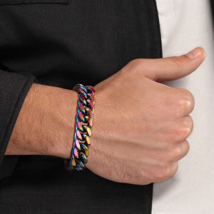 สร้อยข้อมือแบบโซ่สีรุ้ง Vnox สแตนเลส สไตล์พังก์ร็อก เท่ห์  ขนาด 8/10/12 มม. ของขวัญสไตล์วินเทจ