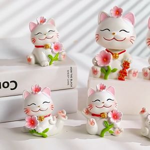 WHL 招财猫 樱花摇头招财猫 可爱卡通陶瓷招财猫摆件 汽车摆件 开业礼物 赠礼佳品 Lucky Cat Fortune Cat Decor Feng Shui Home Decoration Car Decorations