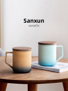 San Xun Ceramic Tea Brewing Mug with Lid Office Water Cup Men Women Separate Tea Water Cup Retro Style Chinese Style Adult Use