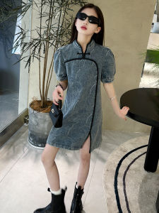 Retro Chinese Style Cheongsam Skirt for Little Girls Thin Denim Dress Summer New Arrival Fashionable Girls A-Line Skirts