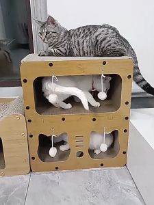 READY STOCK Double Storey Cat House Kucing Rumah Corrugate Paper Bed Cat Nest Durable Cat Scratcher Kitten House Environmentally friendly and recyclable猫屋