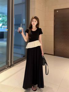 Phong Cách Pháp Áo Thun Vai Khối Màu Ghép Nối Nữ Mùa Hè Ôm Vừa Vặn Áo Thun Ngắn Tay Đặc Biệt Đẹp Mắt Áo