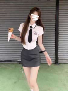 Sweet Style College Uniform Set Summer JK School Uniform Womens White Shirt Cool Short Skirt Student Fashion Short Sleeve Polo Collar