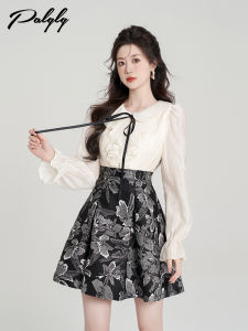 Sweet Style Long Sleeve A-Line Dress Womens Early Spring 2025 New High Waist Zipper High Fashion Sensation Embroidery Doll Collar
