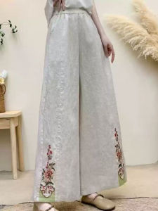 กางเกงขายาวผู้หญิงเอวสูงผ้าลินินปักลายฤดูร้อนปี 2025 กางเกงขายาวทรงหลวมไซส์ใหญ่หรูหราสไตล์ชาติพันธุ์ 9 ฟุต