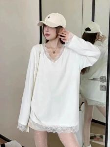 Áo Thun Cotton Dài Tay Cổ Chữ V Màu Trắng Rộng Rãi Cho Nữ Mùa Xuân Thu Phong Cách Hàn Quốc Áo Sơ Mi Cơ Bản