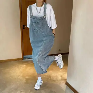 Denim overall dress knee length best sale