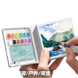 Mini Watercolor Acrylic Box Portable Travel Sketchbook Drawing Book Handmade Notebook Color Mixing Small Easel Transparent Subpackage Set of 12 Solid Squares