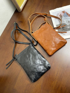 MrFu Top Layer Tanned Cowhide Leather Casual Crossbody Phone Bag Womens Bag Vintage Simple Small Single Shoulder Bag