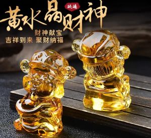 【Ready Stock】財神爺 Glass Yellow Crystal Small Wealth God Ornament Treasure bowl Yuanbao free 6 Lucky Crystal Yuanbao Room Decoration Home Decor 琉璃财神爷摆件 赠送6粒招财水晶元宝粒