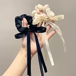 Scrunchie Kain Motif Ribbon Elastis Ikat Rambut Polos Pita Renda Kotak Aksesoris Rambut Wanita Anak Hair Tie Bow Premium Fabric Korea Aesthetic Cepol Hijab
