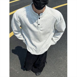 White Grey Deconstructed Plaid Stand Collar Long Sleeve Polo Neck T-Shirt Mens Autumn American Retro Shoulder Fit Cotton Sweatshirt