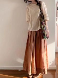 ชุดสองชิ้นผ้าลินินคอตตอนสไตล์วินเทจสำหรับผู้หญิง แขนยาว 5 นิ้ว ทรงหลวม กระโปรงทรงหลวม ชุดฤดูร้อน 2025