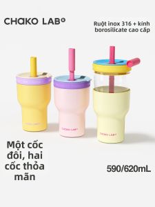 CHAKOLAB | Cốc Kính Đa Chức Năng Cách Nhiệt Dung Lượng Cao 590 620ml Inox 316 Kính Borosilicate Có Ống Hút Dành Cho Nữ