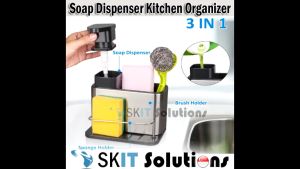 【SKIT SG】3-In-1 Stainless Steel Soap Dispenser Sponge Holder Brush Holder Utensils Kitchen Sink Organizer Multi Purpose Hand Towel Rustproof Rack Drain Hole Removable Drip Tray Space Saving Refillable Dispenser Easy Press Non Slip Design Kitchenware