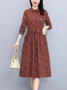 Floral Print Midi Dress plus Size Conceal Meat Slim Butterfly Knot Trendy Long Skirt Commute Simple Style Long Sleeve Polo Collar