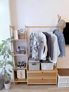 Sturdy Thickened Wood Coat Rack with Storage Shelves Drawers
