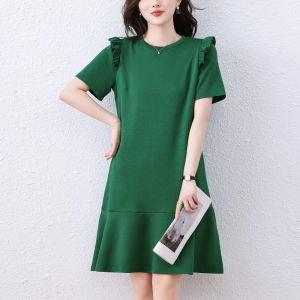 Casual Loose Womens Dress Summer Fashion Ladylike A-Line Skirt Pleated Hem Korean Style Polyester Fiber Short Sleeve Midi Dress