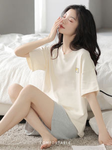 Pure Cotton Summer Sleepwear Short Sleeve Womens Set Home Comfortable Clothing Youth Style round Neck Overhead Design