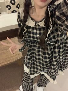 Spring Autumn Sweet Korean Style Long Sleeve Lace Trim Loose Home Clothes Set for Women Student Pyjamas Checkered Print Cotton