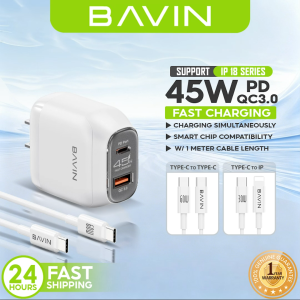 BAVIN PC2165 Portable 45W QC 3.0+PD Fast Charging USB C + USB Ports Wall Charger w/ 1M Cable for iP 18/Android/Laptop
