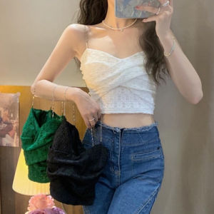 【MagicLady】Summer Lace Crop Top for Women Korean Style 2023 V-neck Bra with Chest Pads T-shirt for Women