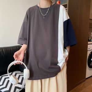 Trendy Loose Fit Short Sleeve T-Shirt Mens Summer Thin Splice Casual Five-Quarter Sleeve Top Student Loose Fit Basic Style