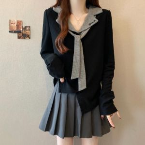 Áo Thun Dài Tay Thường Ngày Cỡ Lớn Thời Trang Thu Đông Thiết Kế Màu Tương Phản Che Giấu Mỡ Giảm Béo Cho Nữ