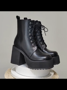 Falimottype)Size 35-40 Womens Thick Heeled Motorcycle Boots Fashion Mid Top Boots British School Student Shoes
