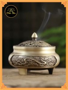 Lư xông trầm hương lư đồng xông trầm khắc rồng phượng Tặng trụ cắm nhang và lót chồng cháy - đồ thờ cúng phong thủy Diệu Tâm