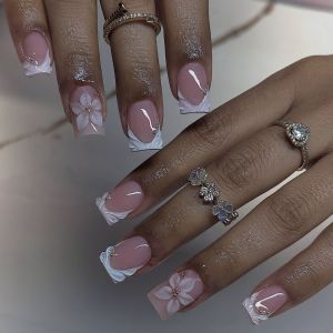 24Pcs Simple Short Square Head Fake Nail with French Design Acrylic Full Cover Flower Nail Set Press on Wearable False Nails