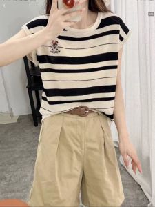 Womens Clothing Stripes Knitting Ice Silk Short Sleeve T-shirt Women 2024 New Arrival Best Selling Summer Western Style Small Short Tops