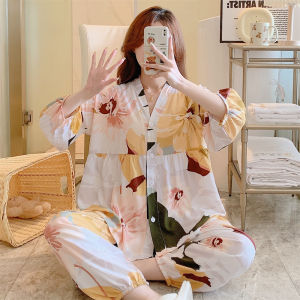 Net Red Pajamas Womens Cotton Silk 3/4 Sleeve Pants Two-piece Set K-style Sweet for Outer Wear High-End Fashion Cardigan Home