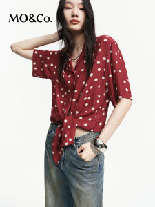 MO&Co. | Red and White Polka Dot Textured Cuban Collar Loose Short Sleeve Shirt