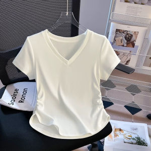 LINGLONGDAI | Pure Cotton White V-Neck Short Sleeve Base Shirt Women Summer Slim Fit Pleated Asymmetrical Arc Top Trendy Commute Style